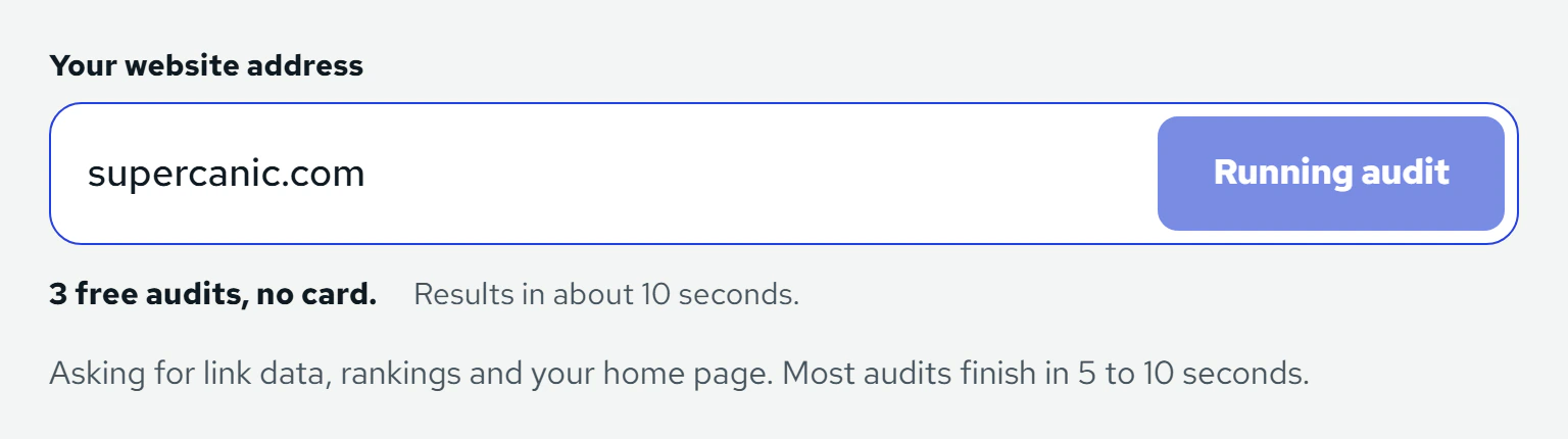 The PageRanker home page with supercanic.com typed in. The button reads Running audit, and a note says most audits finish in 5 to 10 seconds.