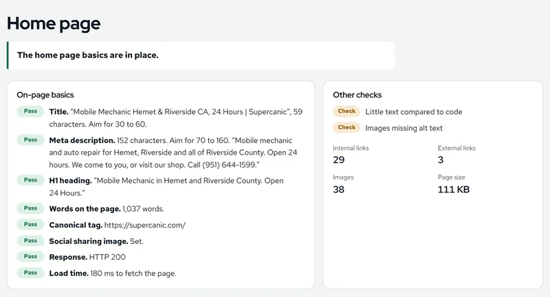 The Home page section of a report. It shows pass marks for title, meta description, H1 heading, word count, canonical tag, sharing image, response and load time, with two items marked to check.