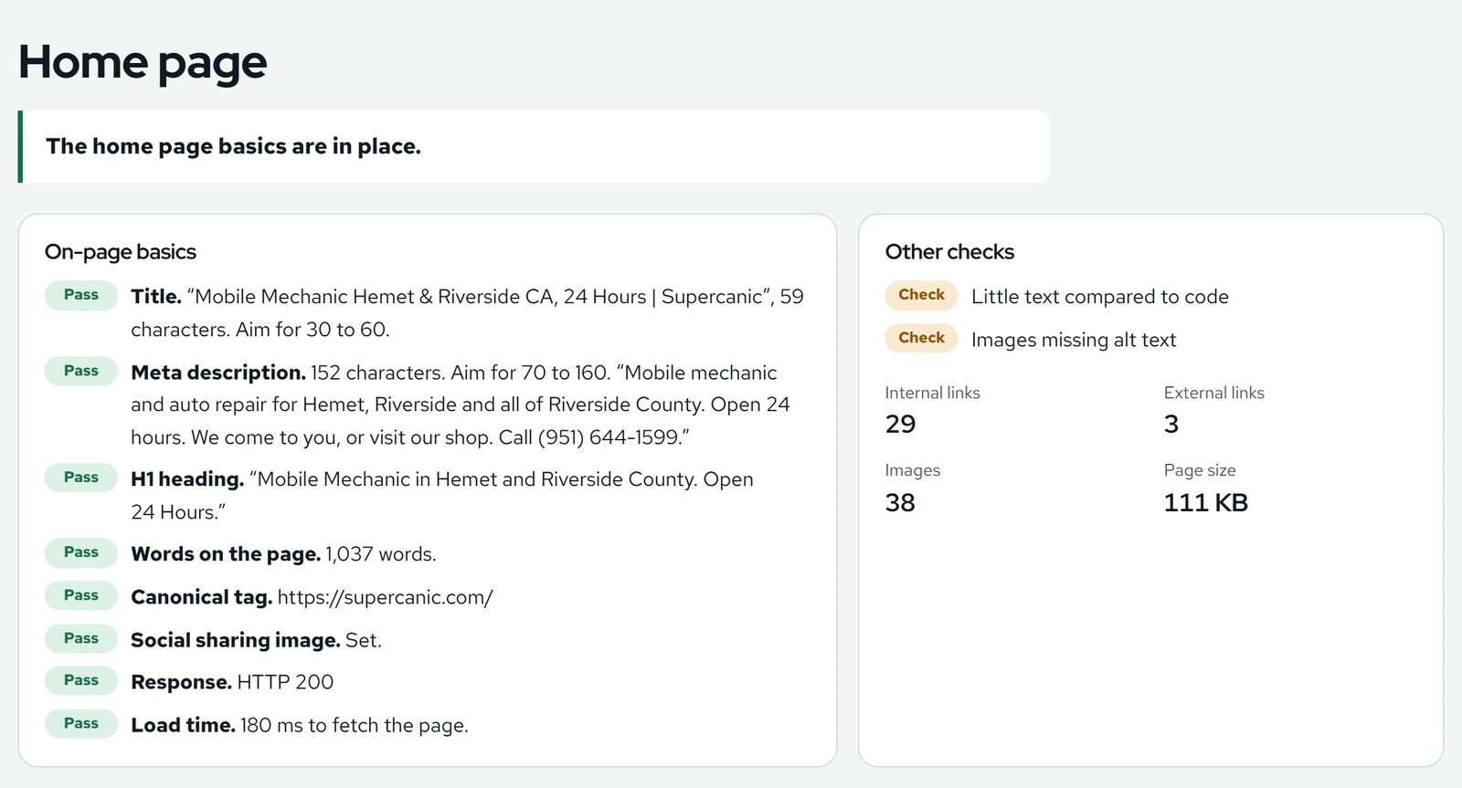 The Home page section of a report: pass marks for title, meta description, H1 heading, word count, canonical tag, sharing image, response and load time, with two items marked to check.