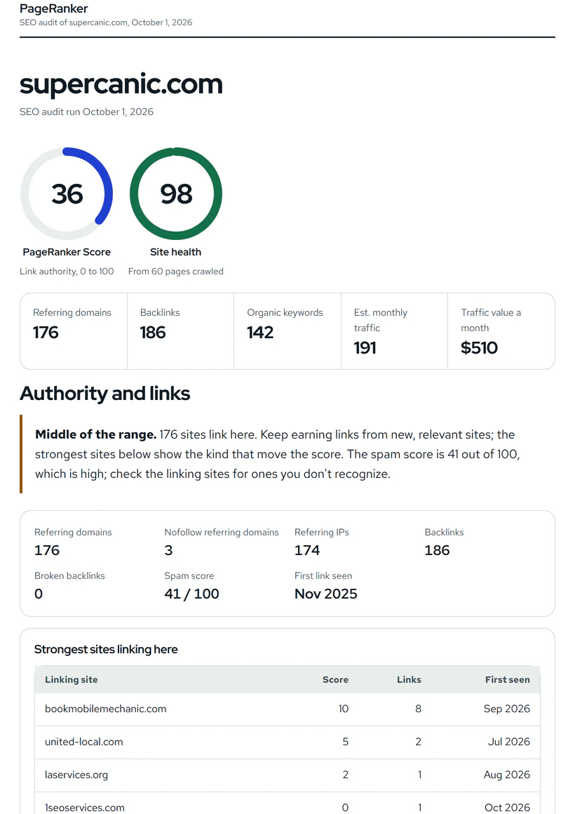 The first page of a PageRanker PDF report, with the PageRanker Score and site health rings and the headline numbers.
