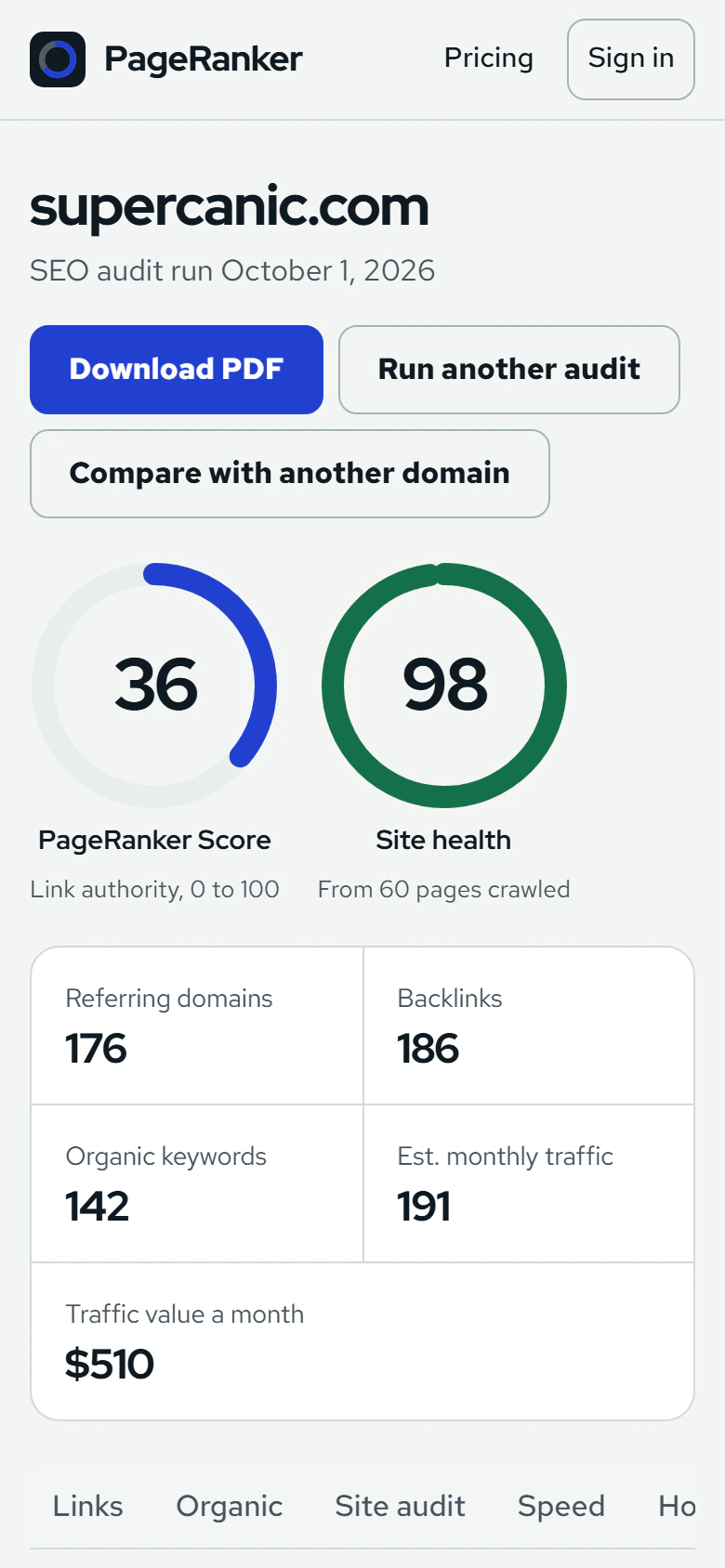The same report open on a phone, showing PageRanker Score 36 and site health 98.