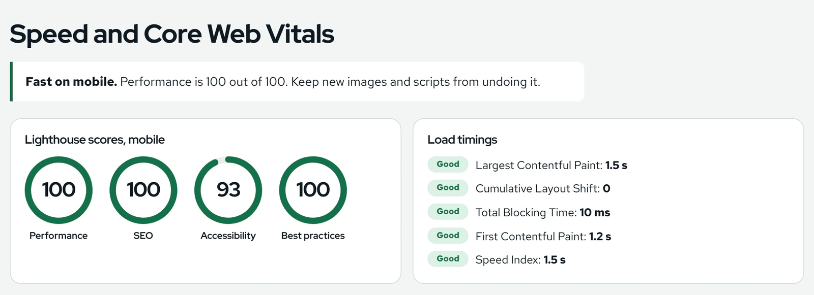 The Speed section: mobile Lighthouse scores of 100 for performance, 100 for SEO, 93 for accessibility and 100 for best practices, with every load timing marked good.
